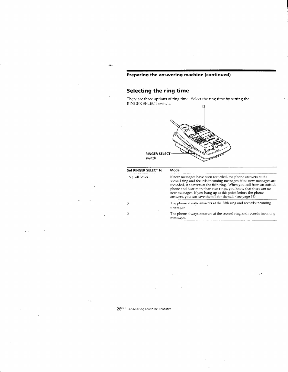 Selecting the ring time, Preparing the answering machine (continued) | Sony SPP-A957 User Manual | Page 26 / 79