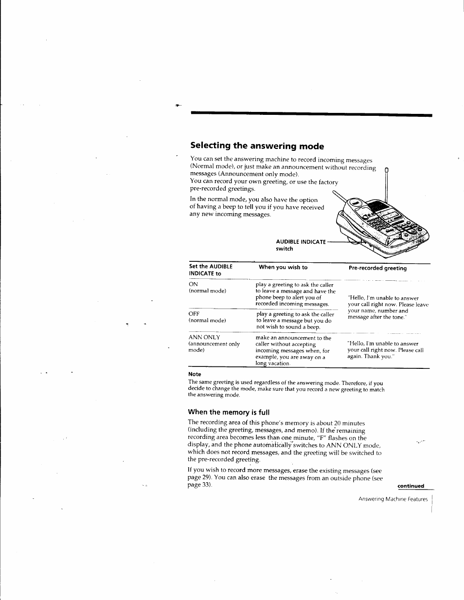 Selecting the answering mode, When the memory is full | Sony SPP-A957 User Manual | Page 27 / 79