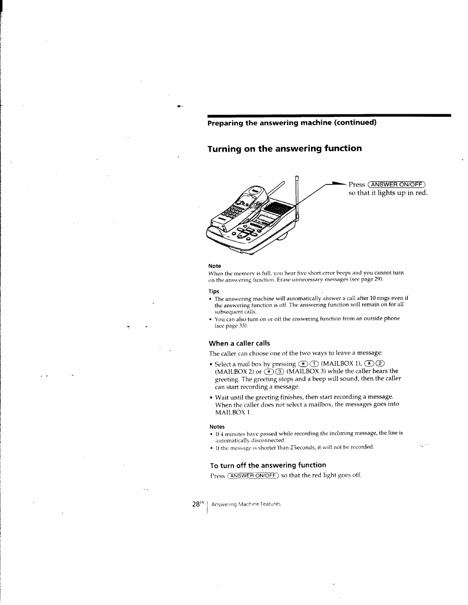 Turning on the answering function, When a caller calls, To turn off the answering function | Preparing the answering machine (continued) | Sony SPP-A957 User Manual | Page 28 / 79