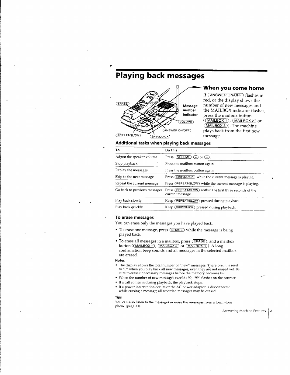 Playing back messages, Additional tasks when playing back messages, When you come home | To erase messages, Answer on/off), Mailbox | Sony SPP-A957 User Manual | Page 29 / 79