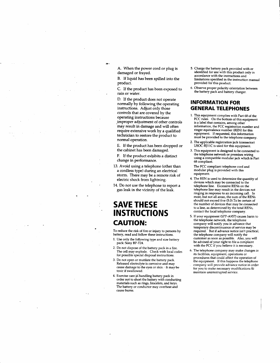 Save these instructions, Caution, Information for general telephones | Sony SPP-A957 User Manual | Page 3 / 79