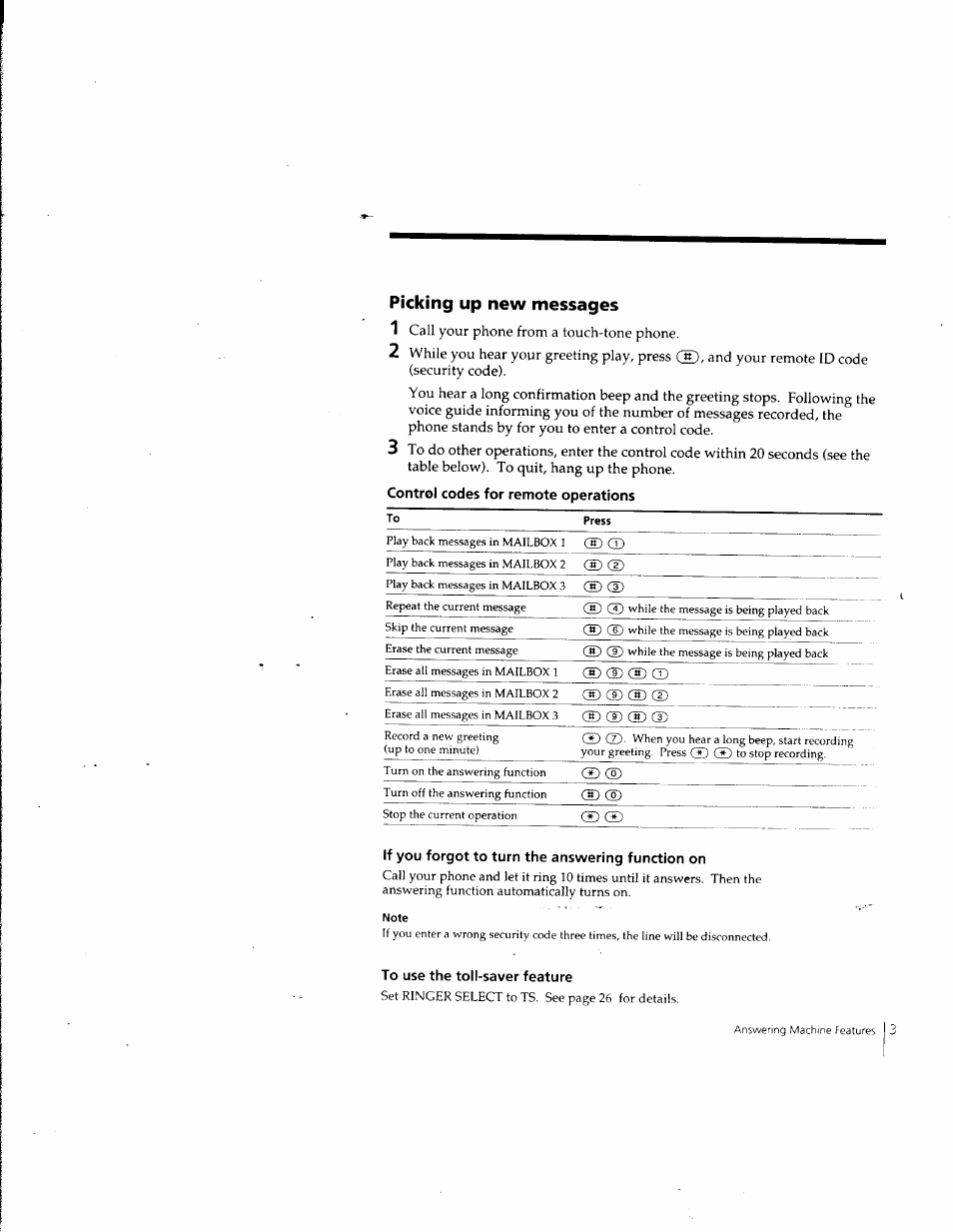 Picking up new messages, Control codes for remote operations, If you forgot to turn the answering function on | To use the toll-saver feature | Sony SPP-A957 User Manual | Page 32 / 79