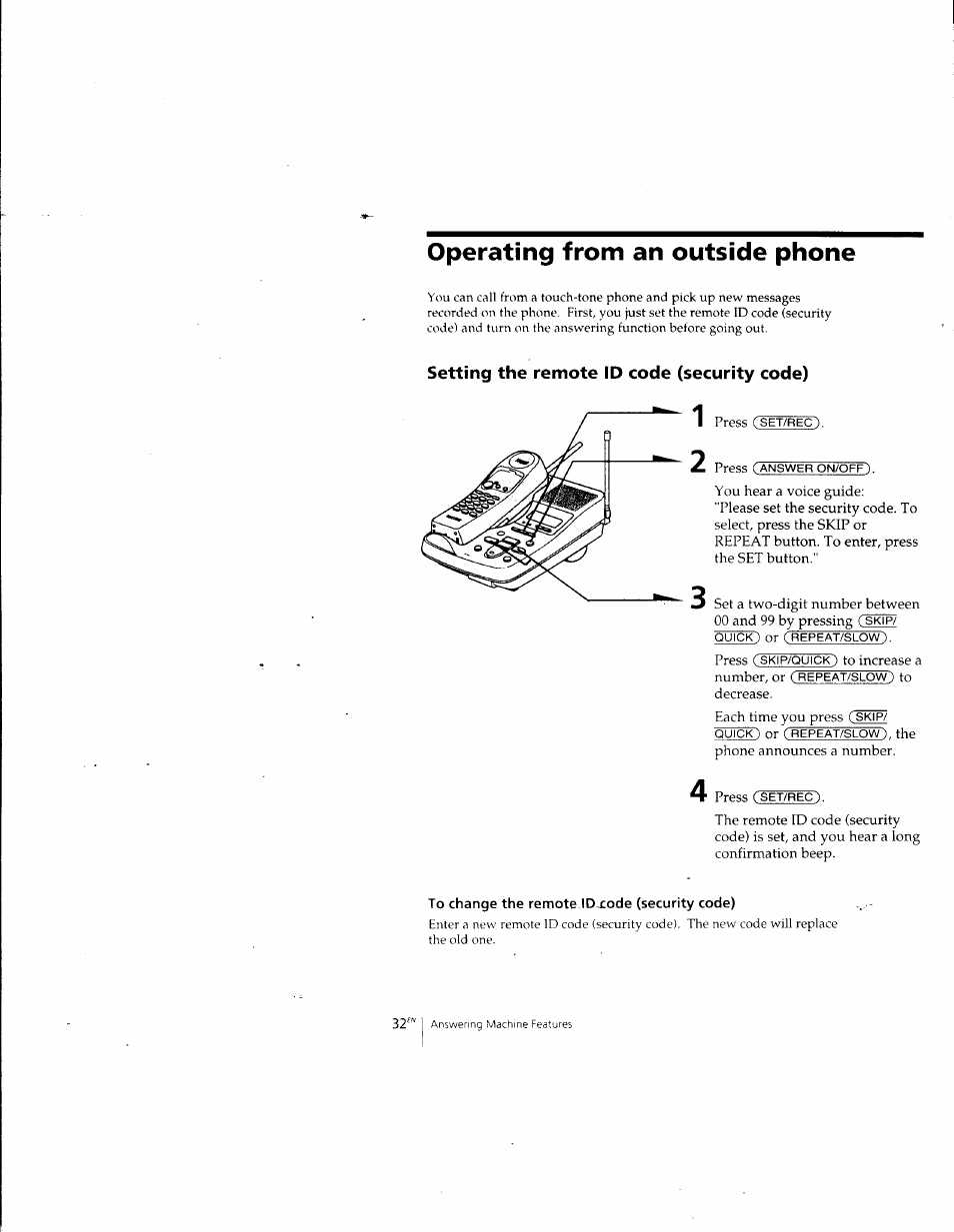 Operating from an outside phone, Setting the remote id code (security code), To change the remote idu:ode (security code) | Sony SPP-A957 User Manual | Page 33 / 79