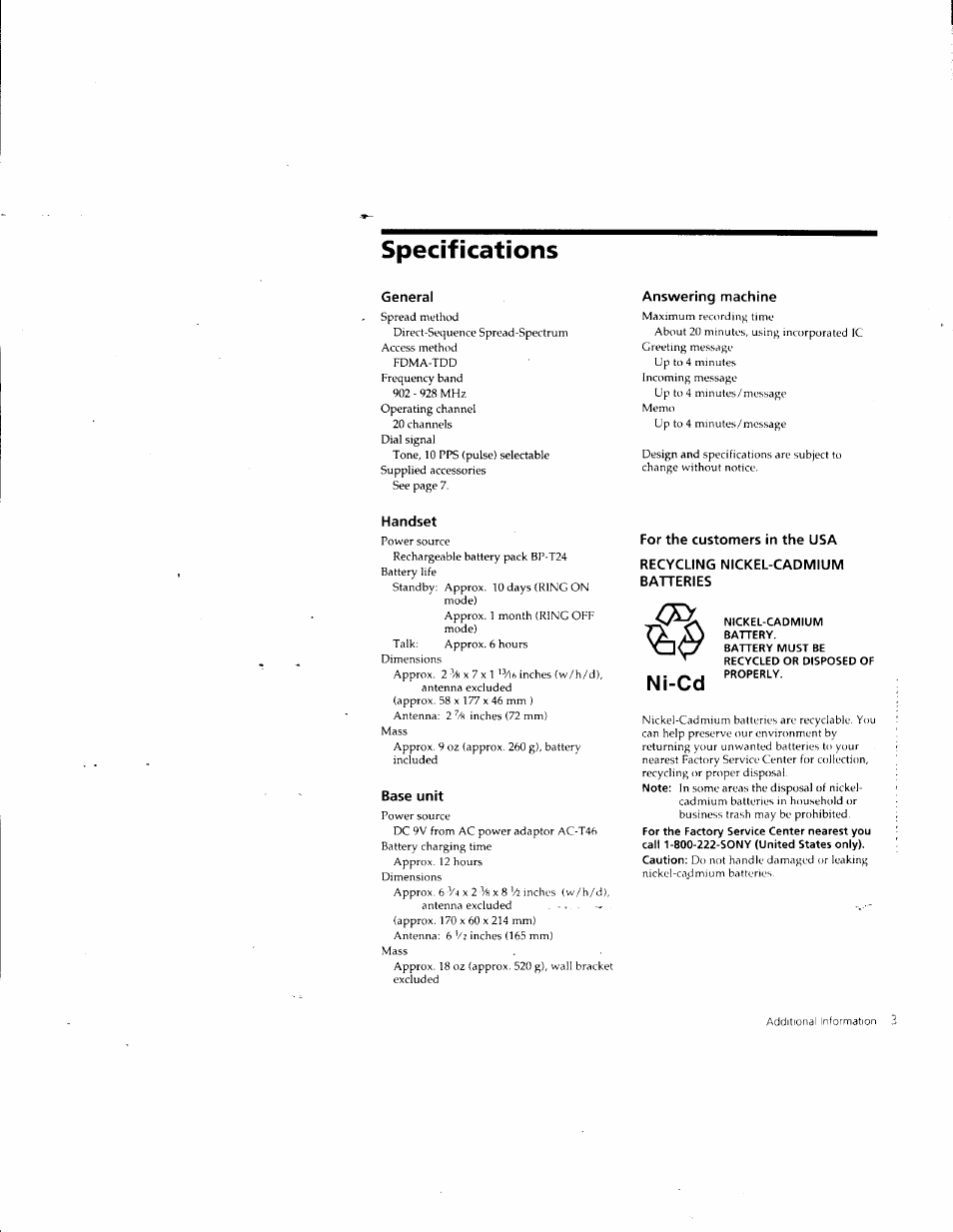 Specifications, General, Answering machine | Handset, Base unit, For the customers in the usa, Recycling nickel-cadmium batteries, Ni-cd | Sony SPP-A957 User Manual | Page 38 / 79