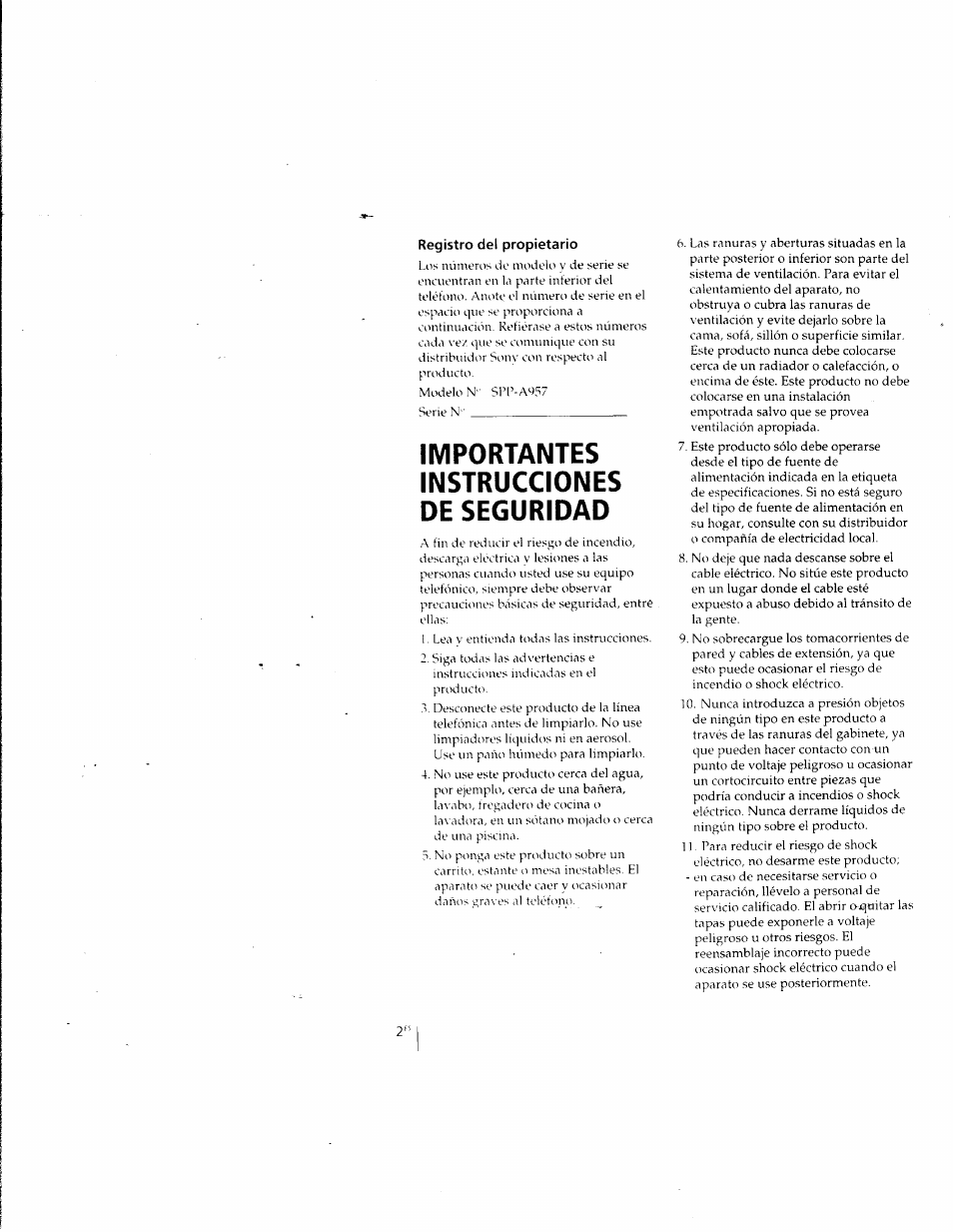 Registro del propietario, Importantes instrucciones de seguridad | Sony SPP-A957 User Manual | Page 40 / 79