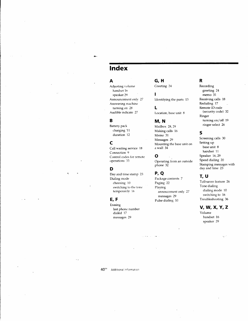 Index, E. f, G, h | M, n, P, q, V, w. x, y, z | Sony SPP-A957 User Manual | Page 41 / 79