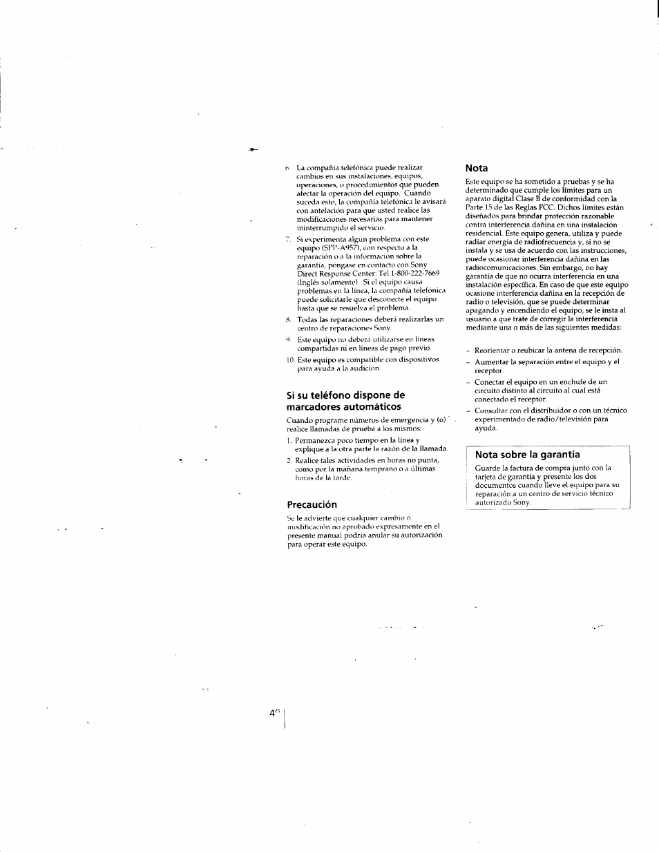 Si su teléfono dispone de marcadores automáticos, Precaución, Nota | Nota sobre la garantía | Sony SPP-A957 User Manual | Page 42 / 79