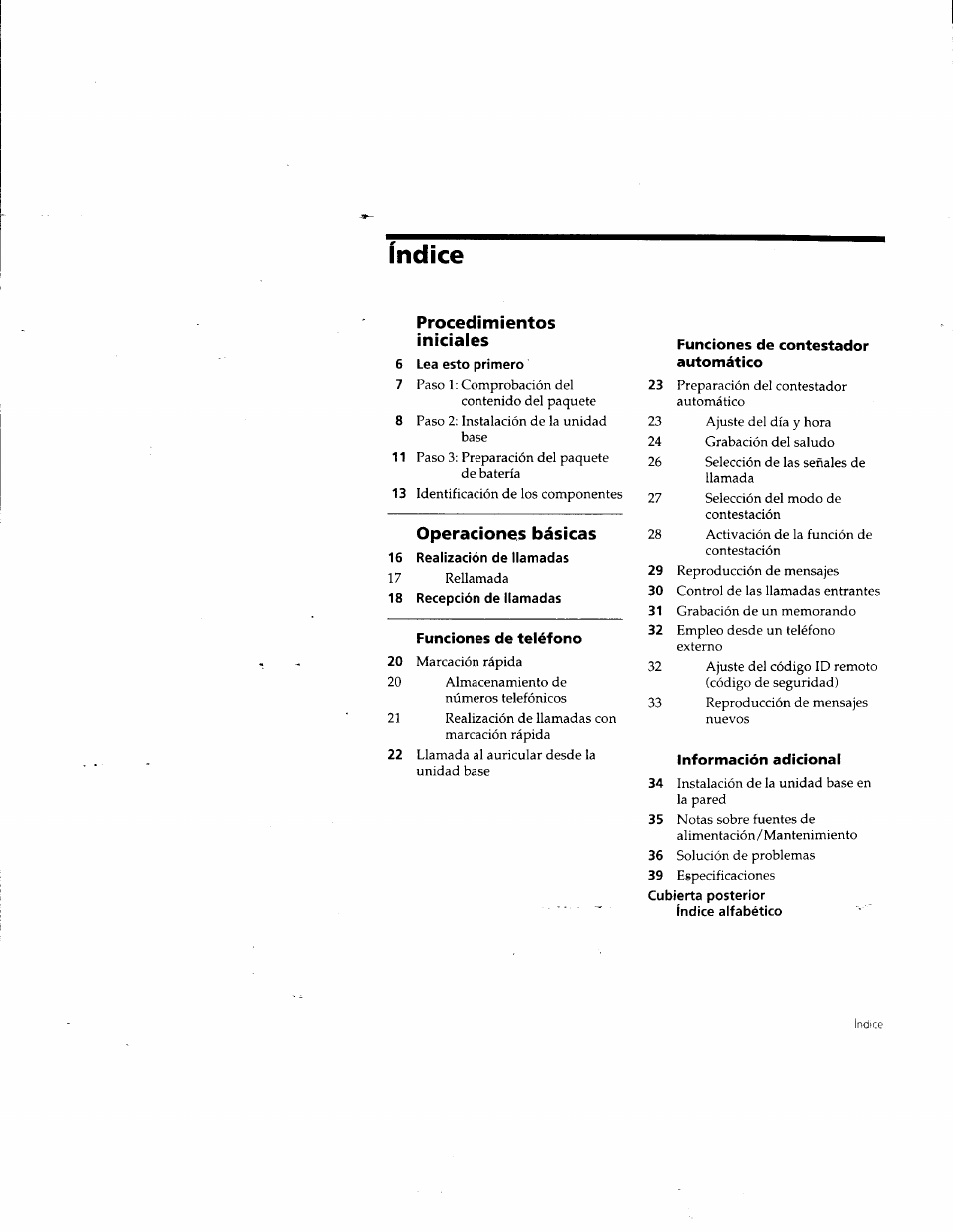 Índice, Indice alfabético, Procedimientos iniciales | Operaciones básicas | Sony SPP-A957 User Manual | Page 45 / 79