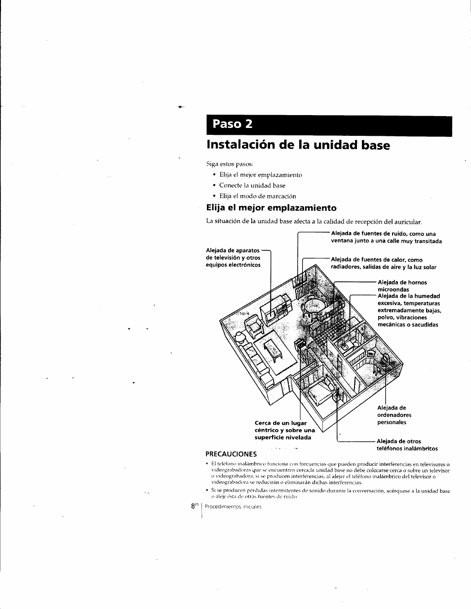 Instalación de la unidad base, Elija el mejor emplazamiento, Precauciones | Paso 2 | Sony SPP-A957 User Manual | Page 46 / 79