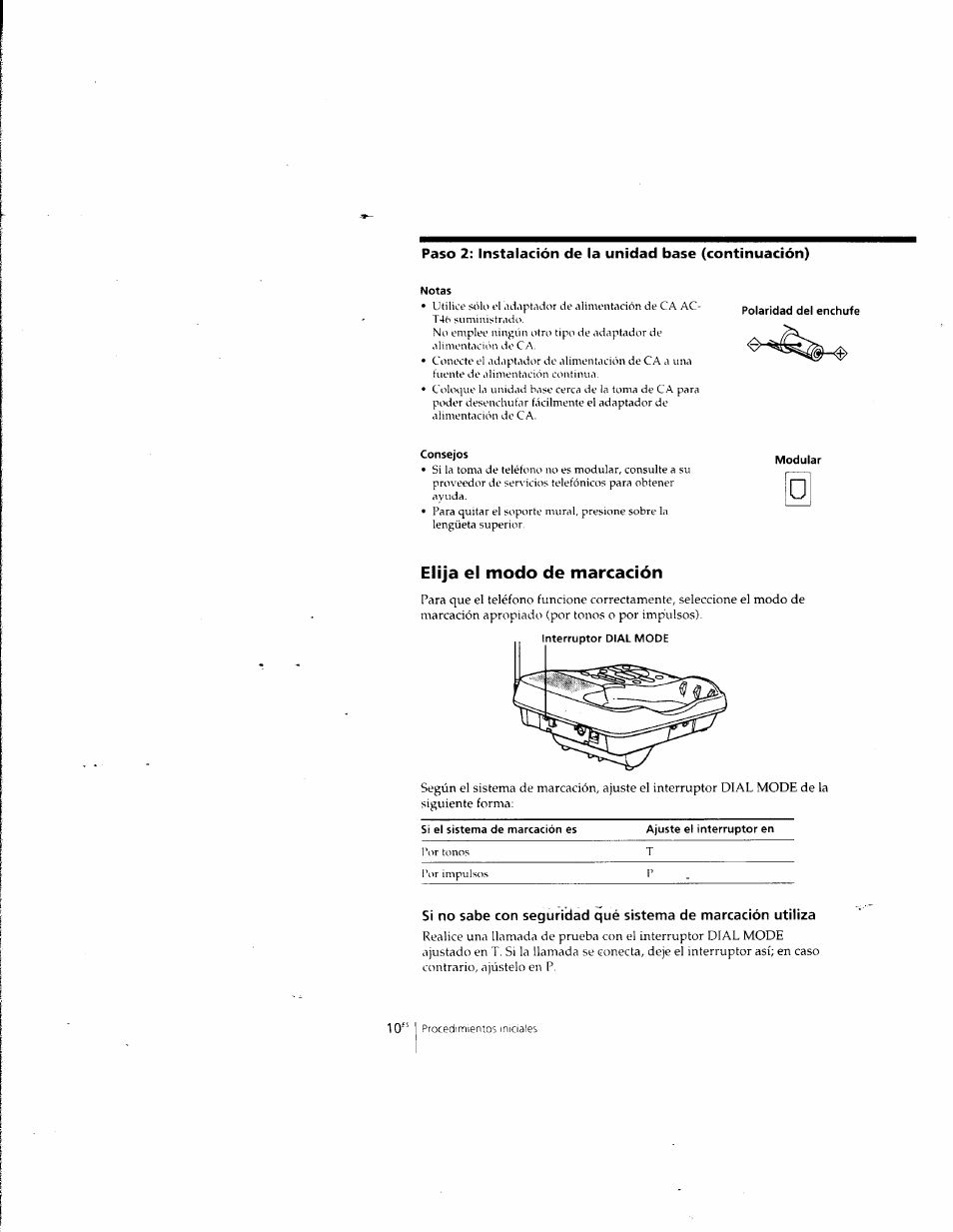 Elija el modo de marcación, Paso, Instalación de la unidad base (continuación) | Sony SPP-A957 User Manual | Page 48 / 79