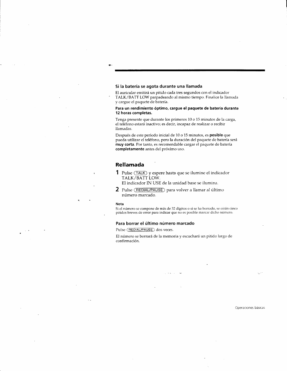 Si la batería se agota durante una llamada, Rellamada, Para borrar el último número marcado | Sony SPP-A957 User Manual | Page 57 / 79