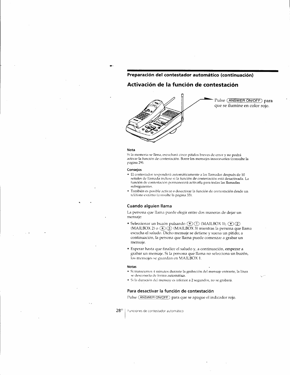 Activación de la función de contestación, Cuando alguien llama, Para desactivar la función de contestación | Sony SPP-A957 User Manual | Page 66 / 79