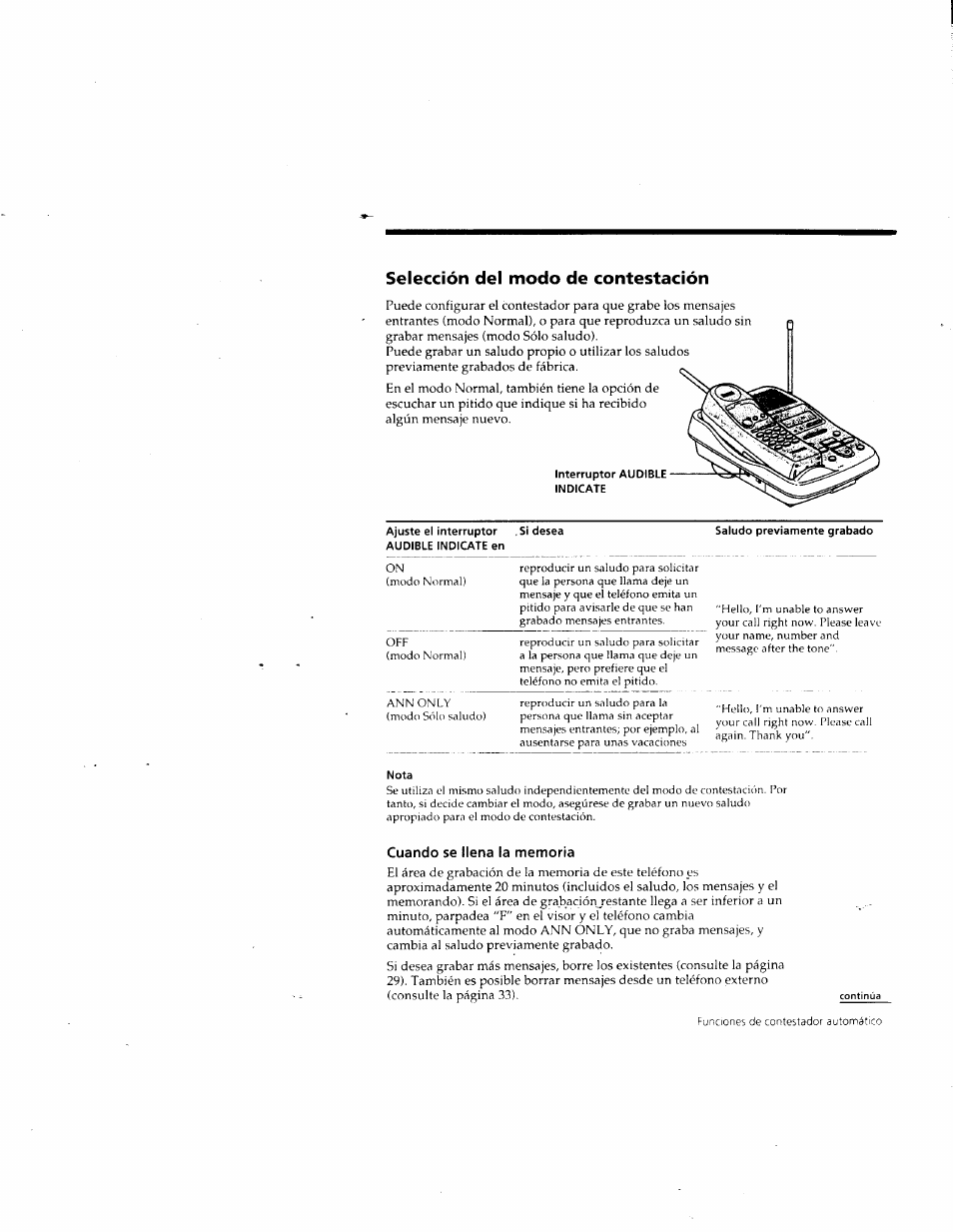 Selección del modo de contestación, Cuando se llena la memoria | Sony SPP-A957 User Manual | Page 67 / 79