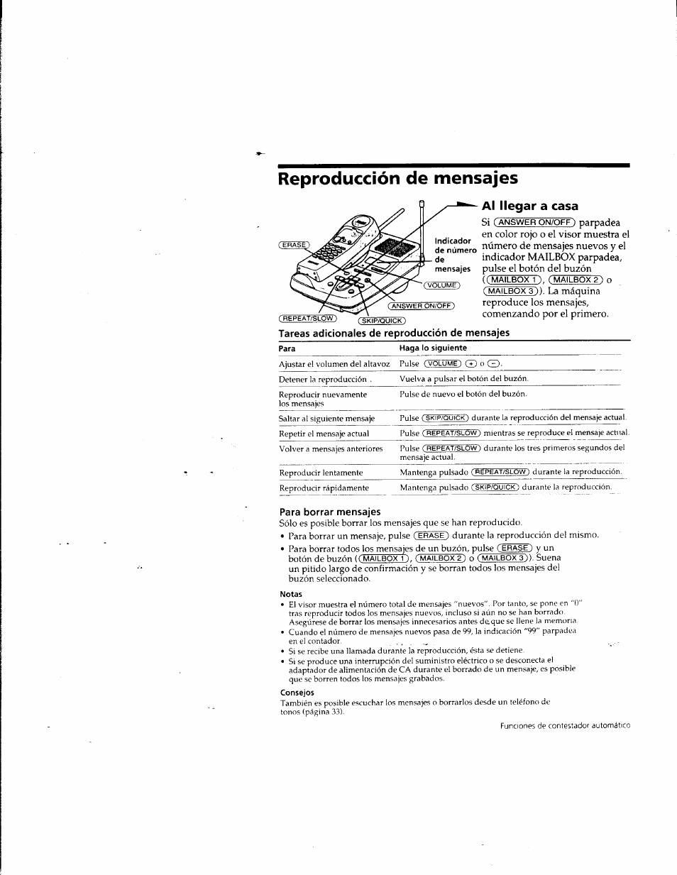 Reproducción de mensajes, Al llegar a casa, Tareas adicionales de reproducción de mensajes | Para borrar mensajes | Sony SPP-A957 User Manual | Page 69 / 79