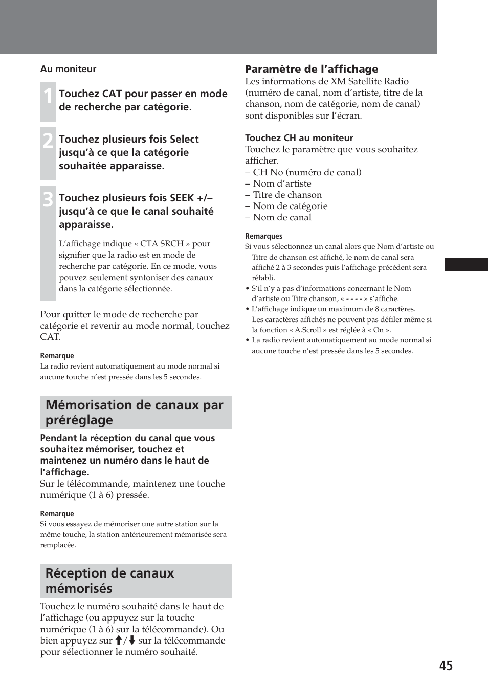 Mémorisation de canaux par préréglage, Réception de canaux mémorisés | Sony XAV-C1 User Manual | Page 105 / 183