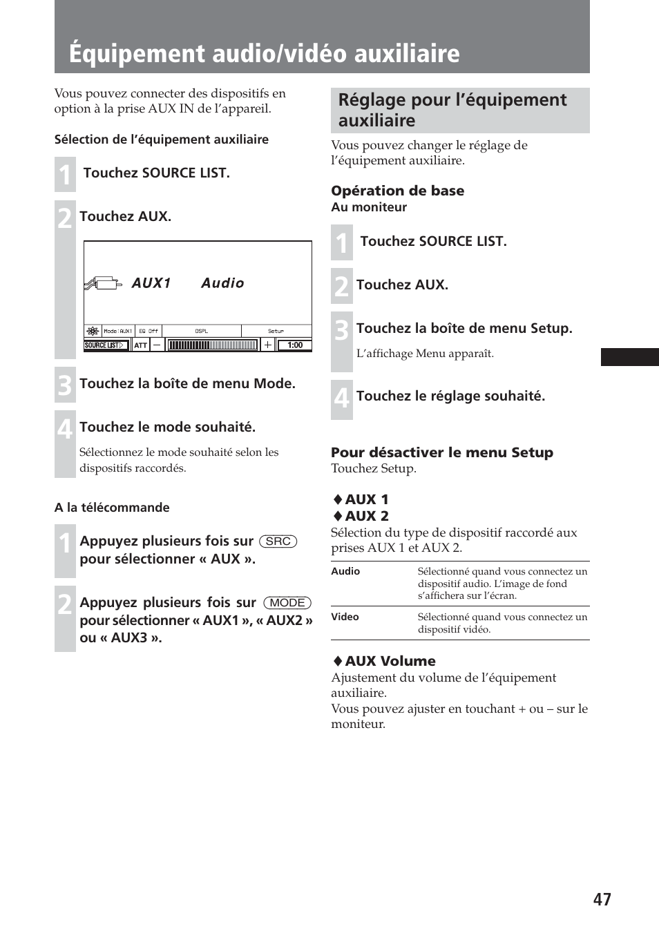 Équipement audio/vidéo auxiliaire, Réglage pour l’équipement auxiliaire | Sony XAV-C1 User Manual | Page 107 / 183