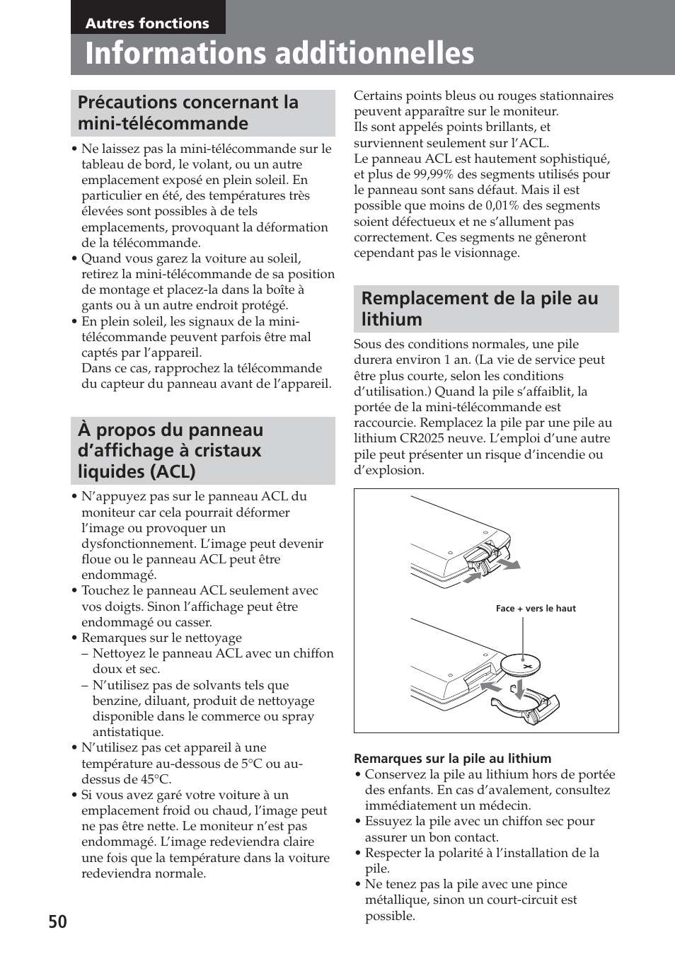 Autres fonctions, Informations additionnelles, Précautions concernant la mini-télécommande | Remplacement de la pile au lithium | Sony XAV-C1 User Manual | Page 110 / 183