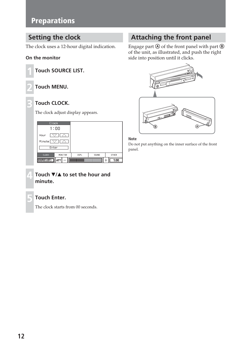 Setting the clock, Attaching the front panel, Preparations | Sony XAV-C1 User Manual | Page 12 / 183