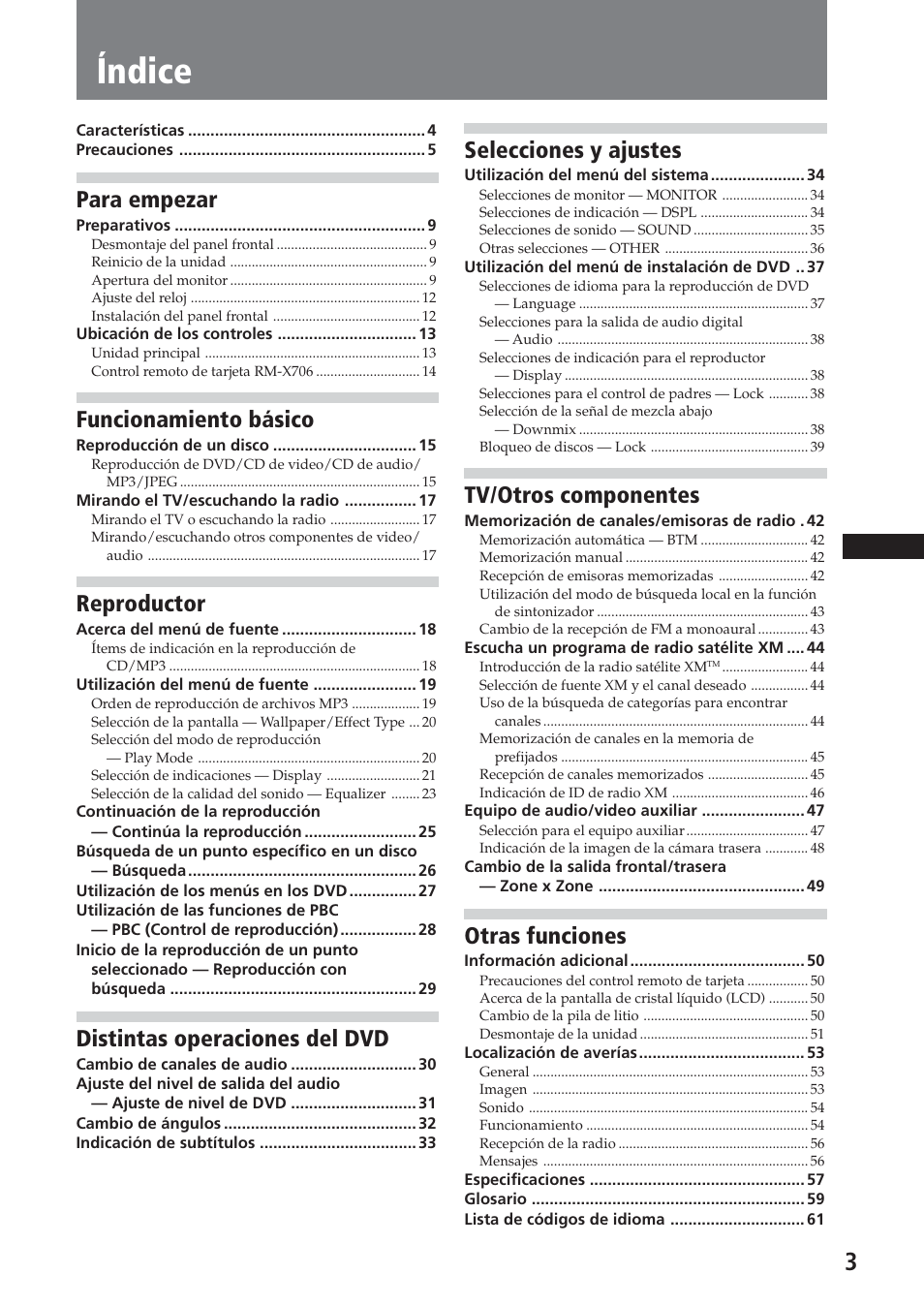 Índice, Para empezar, Funcionamiento básico | Reproductor, Distintas operaciones del dvd, Selecciones y ajustes, Tv/otros componentes, Otras funciones | Sony XAV-C1 User Manual | Page 123 / 183