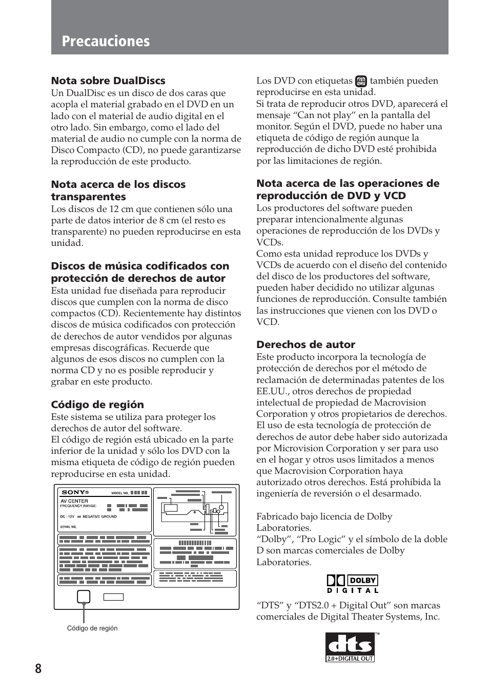 Precauciones | Sony XAV-C1 User Manual | Page 128 / 183