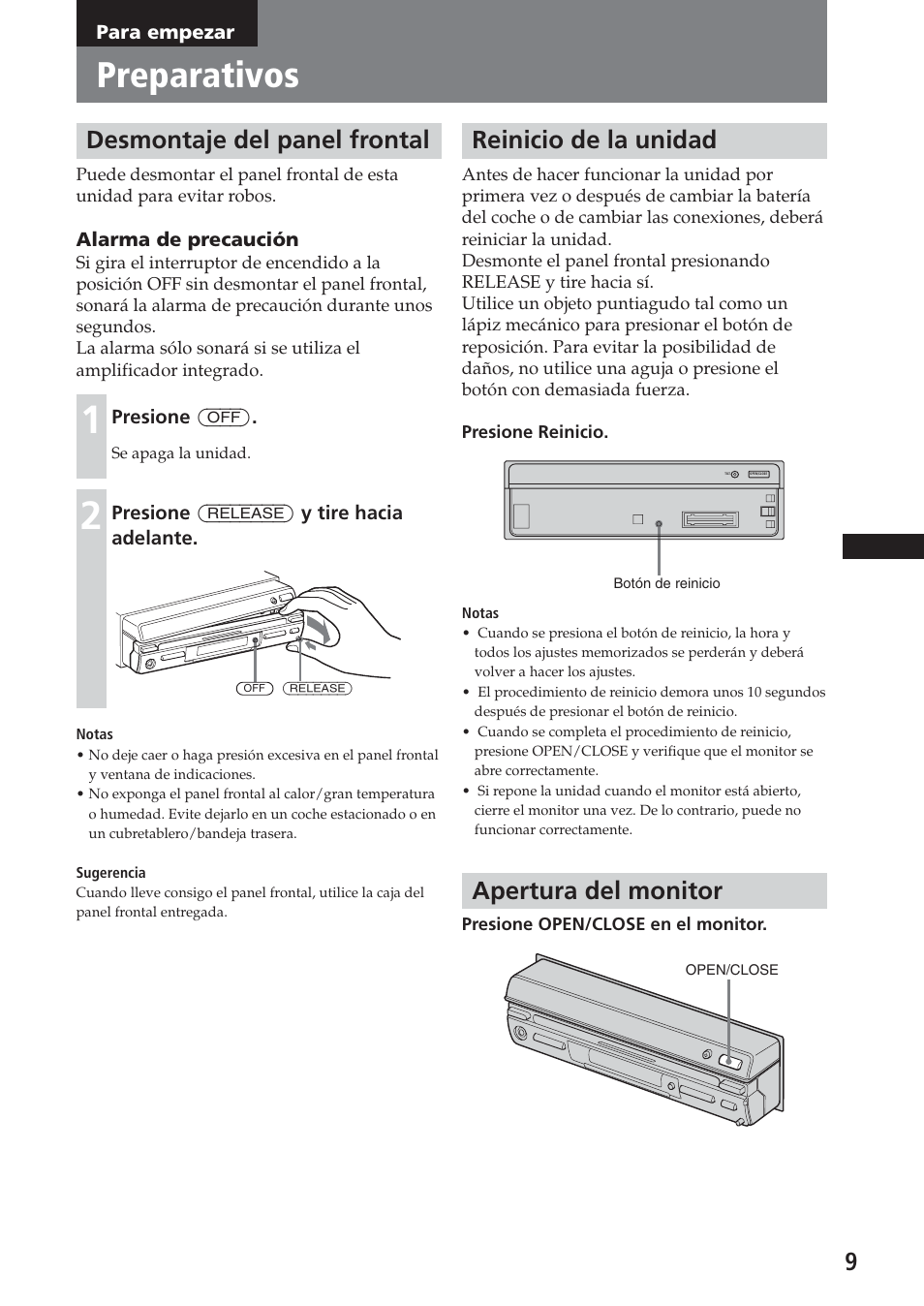 Para empezar, Preparativos, Desmontaje del panel frontal | Reinicio de la unidad, Apertura del monitor | Sony XAV-C1 User Manual | Page 129 / 183