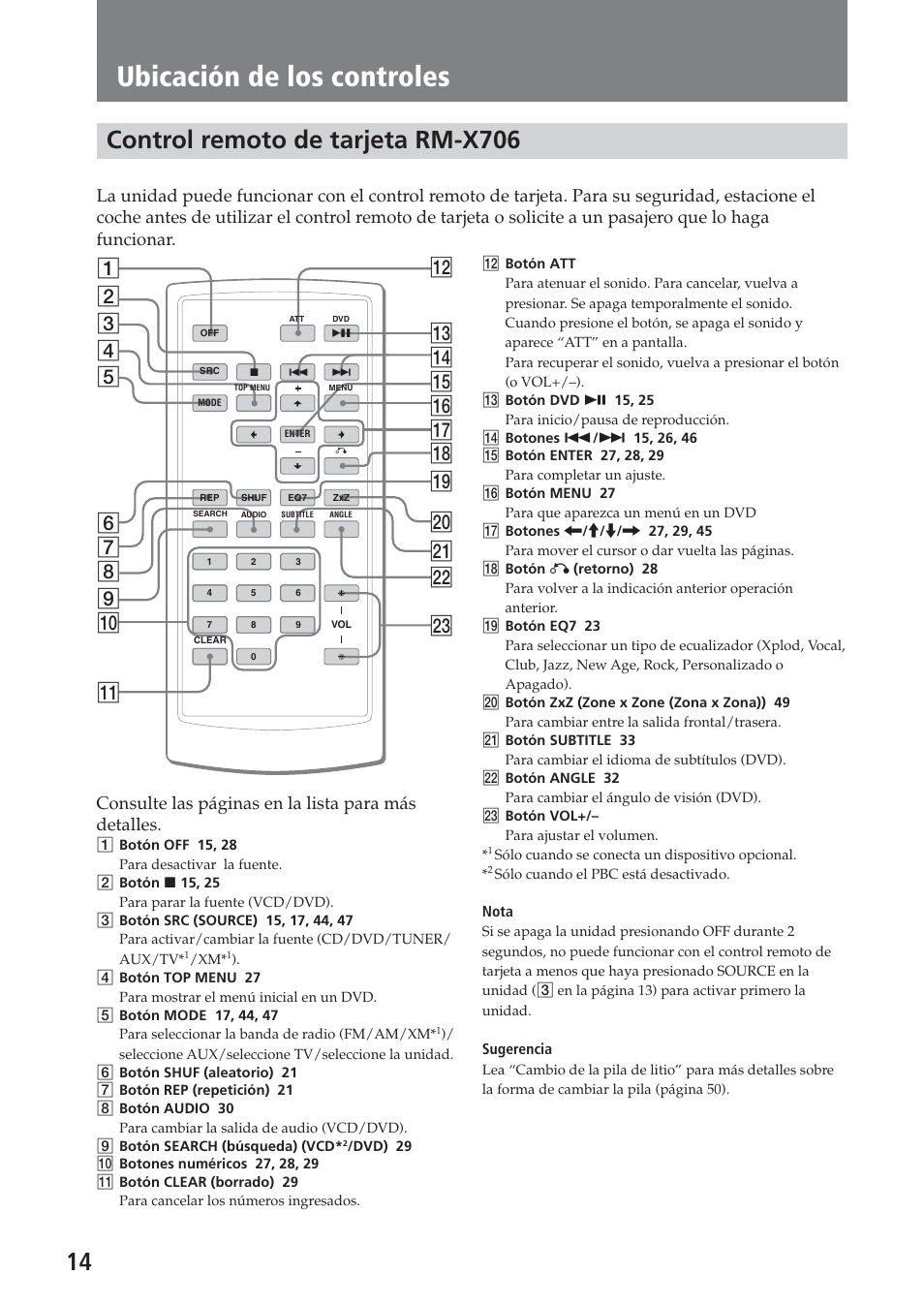 Control remoto de tarjeta rm-x706, Ubicación de los controles, Consulte las páginas en la lista para más detalles | Sony XAV-C1 User Manual | Page 134 / 183