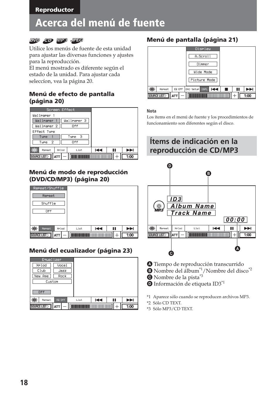 Reproductor, Acerca del menú de fuente, Ítems de indicación en la reproducción de cd/mp3 | Sony XAV-C1 User Manual | Page 138 / 183