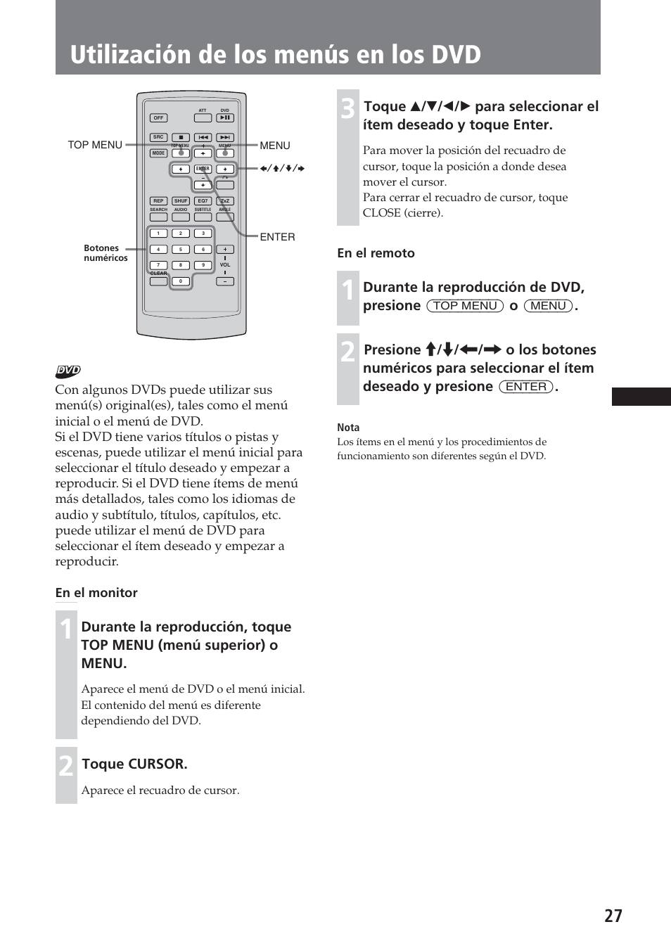 Utilización de los menús en los dvd, Toque cursor, En el remoto | Sony XAV-C1 User Manual | Page 147 / 183