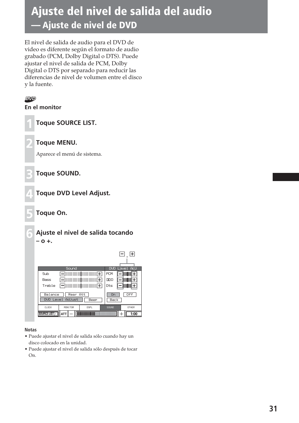 Ajuste del nivel de salida del audio, Ajuste de nivel de dvd | Sony XAV-C1 User Manual | Page 151 / 183