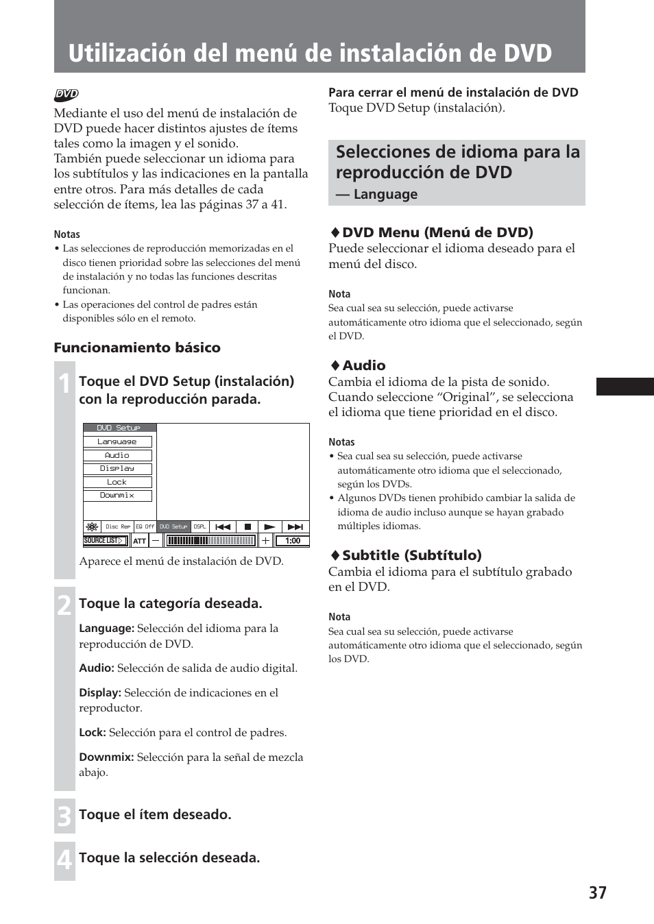 Utilización del menú de instalación de dvd, Selecciones de idioma para la reproducción de dvd | Sony XAV-C1 User Manual | Page 157 / 183