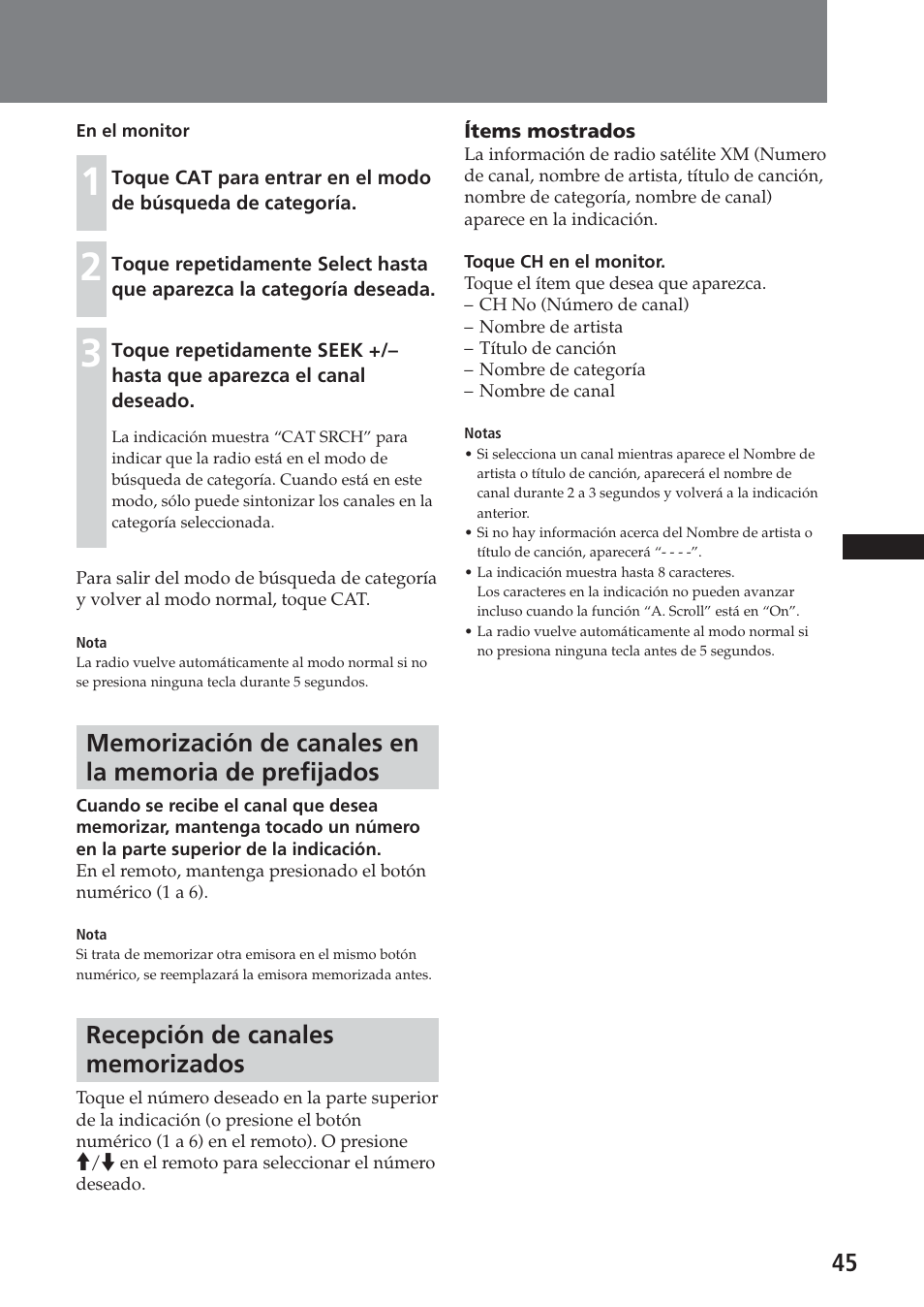 Recepción de canales memorizados | Sony XAV-C1 User Manual | Page 165 / 183