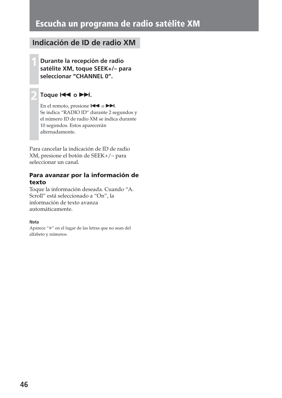 Indicación de id de radio xm, Escucha un programa de radio satélite xm | Sony XAV-C1 User Manual | Page 166 / 183