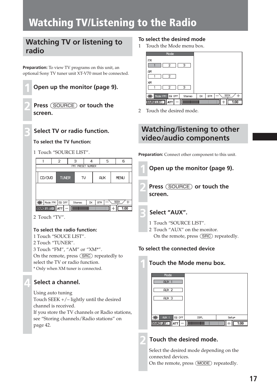 Watching tv/listening to the radio, Watching tv or listening to radio, Watching/listening to other video/audio components | Sony XAV-C1 User Manual | Page 17 / 183