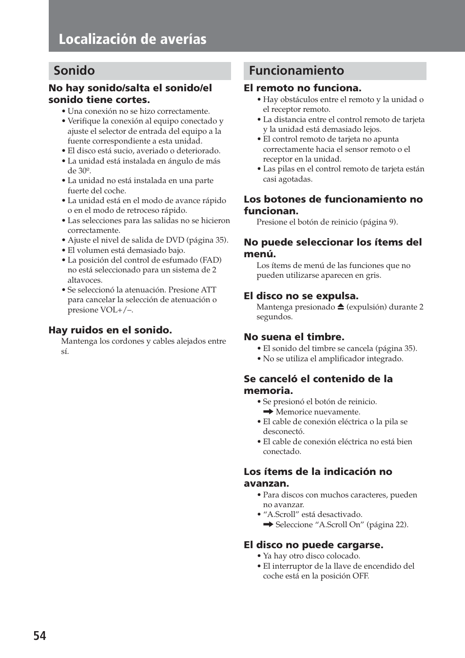 Sonido, Funcionamiento, Localización de averías | Sony XAV-C1 User Manual | Page 174 / 183