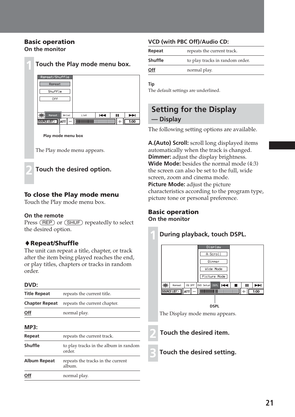 Setting for the display — display, Setting for the display | Sony XAV-C1 User Manual | Page 21 / 183