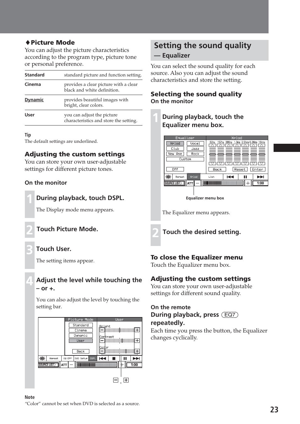 Setting the sound quality — equalizer, Setting the sound quality | Sony XAV-C1 User Manual | Page 23 / 183