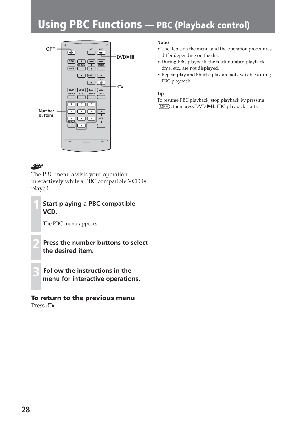 Using pbc functions — pbc (playback control), Using pbc functions, Pbc (playback control) | Start playing a pbc compatible vcd, Press o, The pbc menu appears | Sony XAV-C1 User Manual | Page 28 / 183