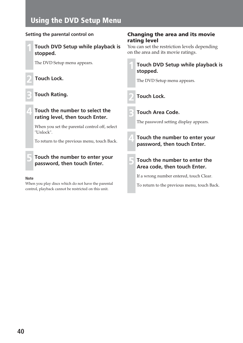 Using the dvd setup menu | Sony XAV-C1 User Manual | Page 40 / 183