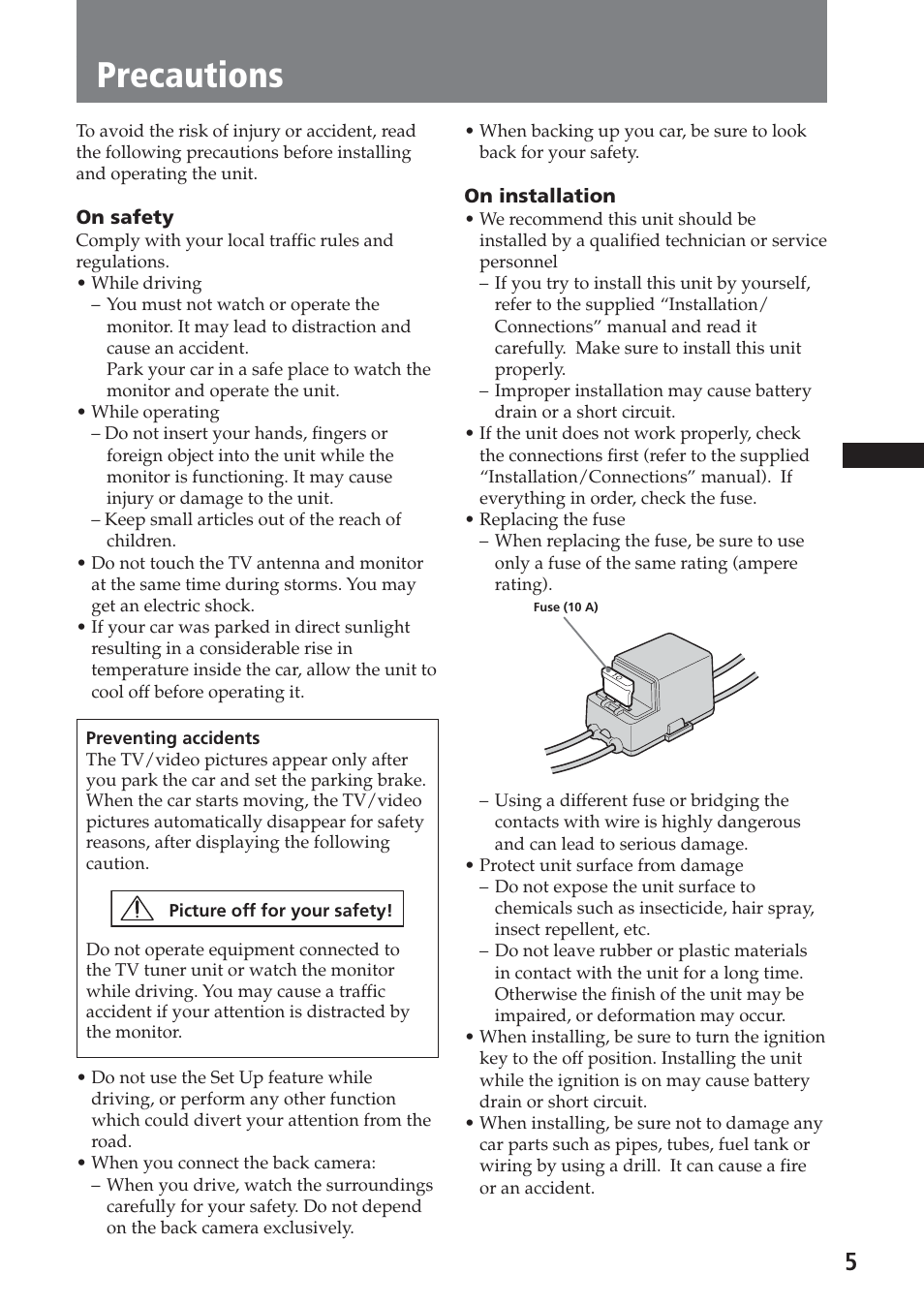 Precautions | Sony XAV-C1 User Manual | Page 5 / 183