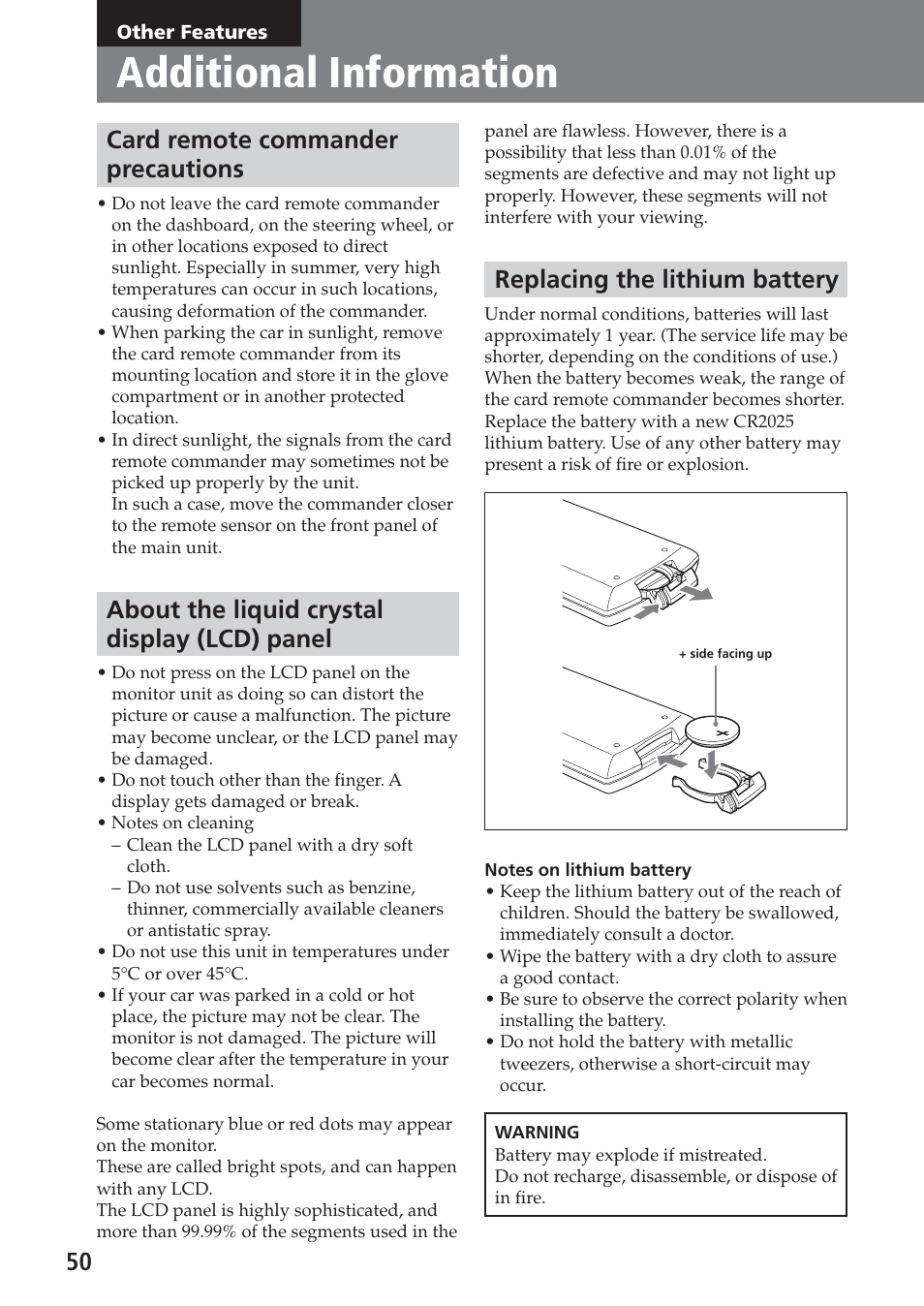 Other features, Additional information, Card remote commander precautions | About the liquid crystal display (lcd) panel, Replacing the lithium battery | Sony XAV-C1 User Manual | Page 50 / 183