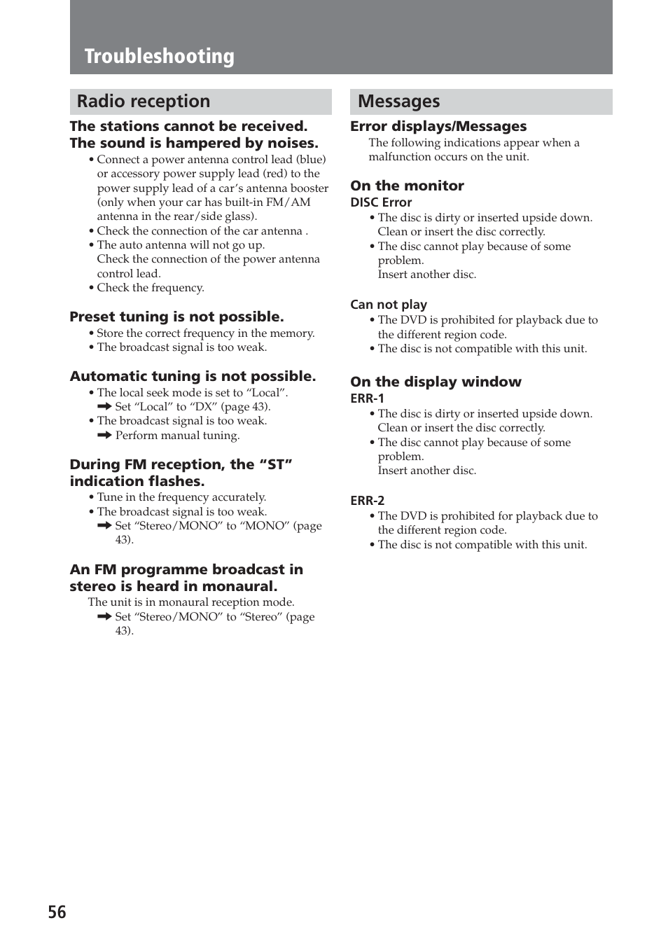 Radio reception, Messages, Troubleshooting | Sony XAV-C1 User Manual | Page 56 / 183