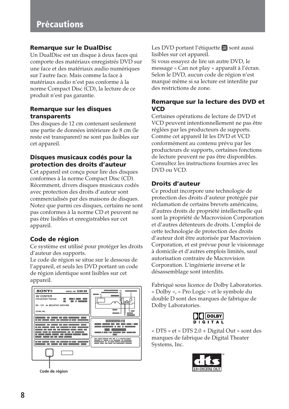 Précautions | Sony XAV-C1 User Manual | Page 68 / 183