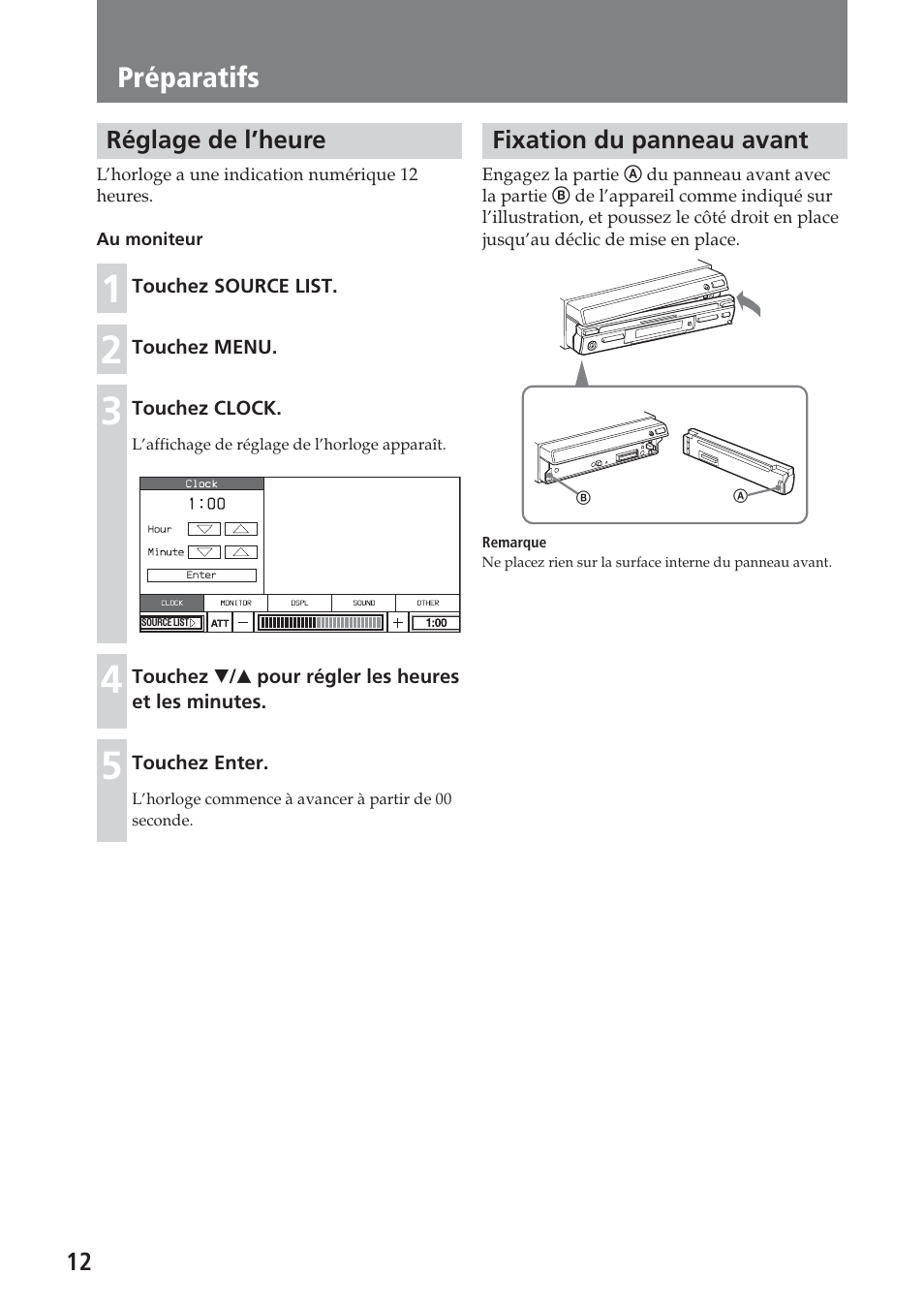 Réglage de l’heure, Fixation du panneau avant, Préparatifs | Sony XAV-C1 User Manual | Page 72 / 183