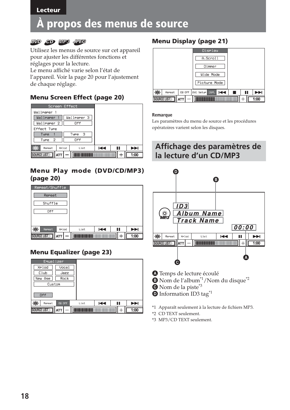 Lecteur, À propos des menus de source, Affichage des paramètres de la lecture d’un cd/mp3 | Sony XAV-C1 User Manual | Page 78 / 183