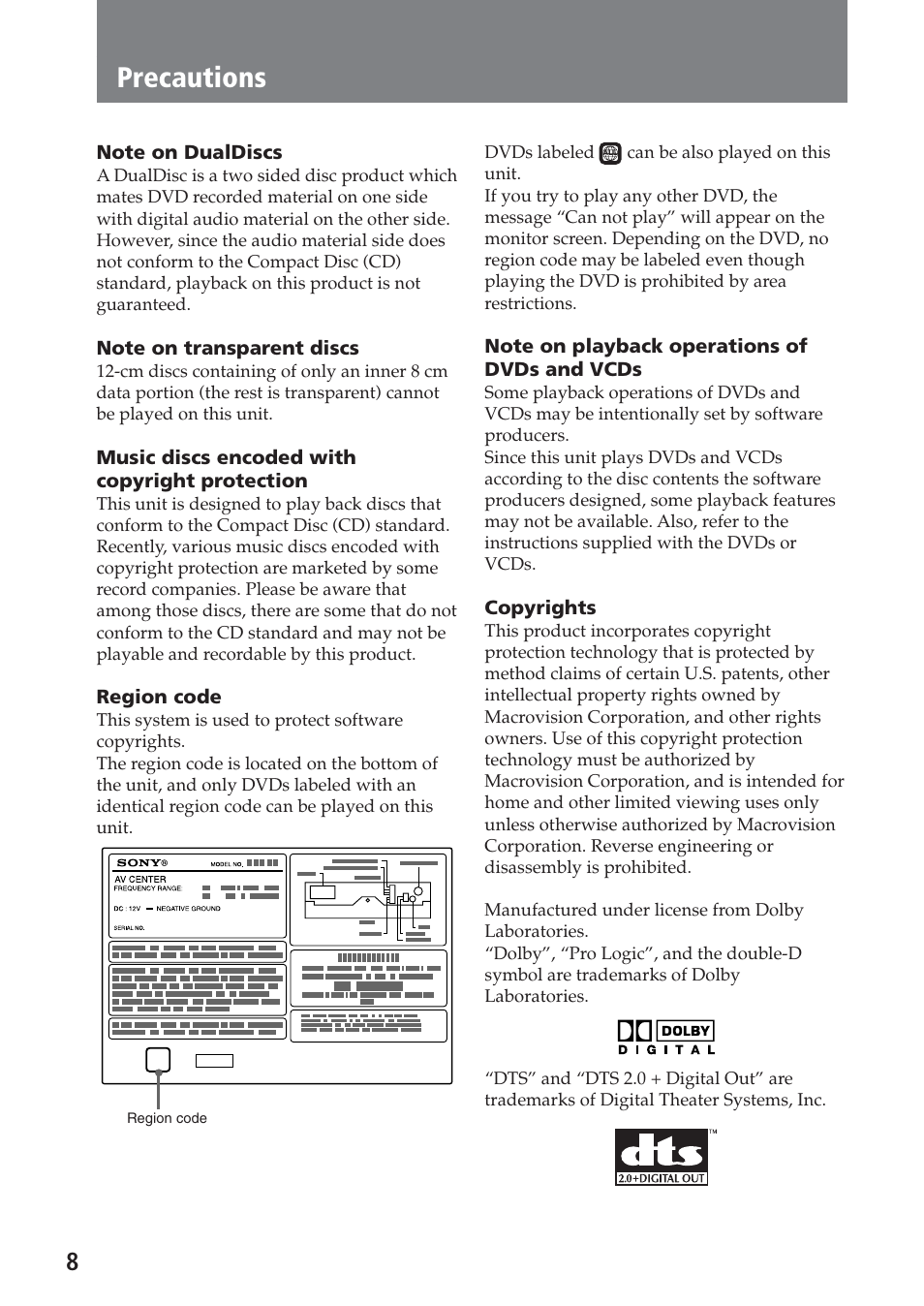 Precautions | Sony XAV-C1 User Manual | Page 8 / 183