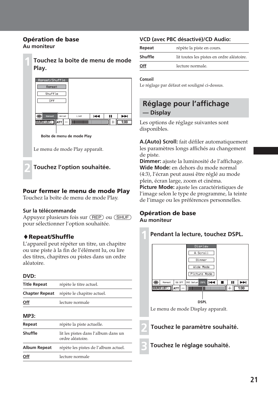 Réglage pour l’affichage — display, Réglage pour l’affichage | Sony XAV-C1 User Manual | Page 81 / 183