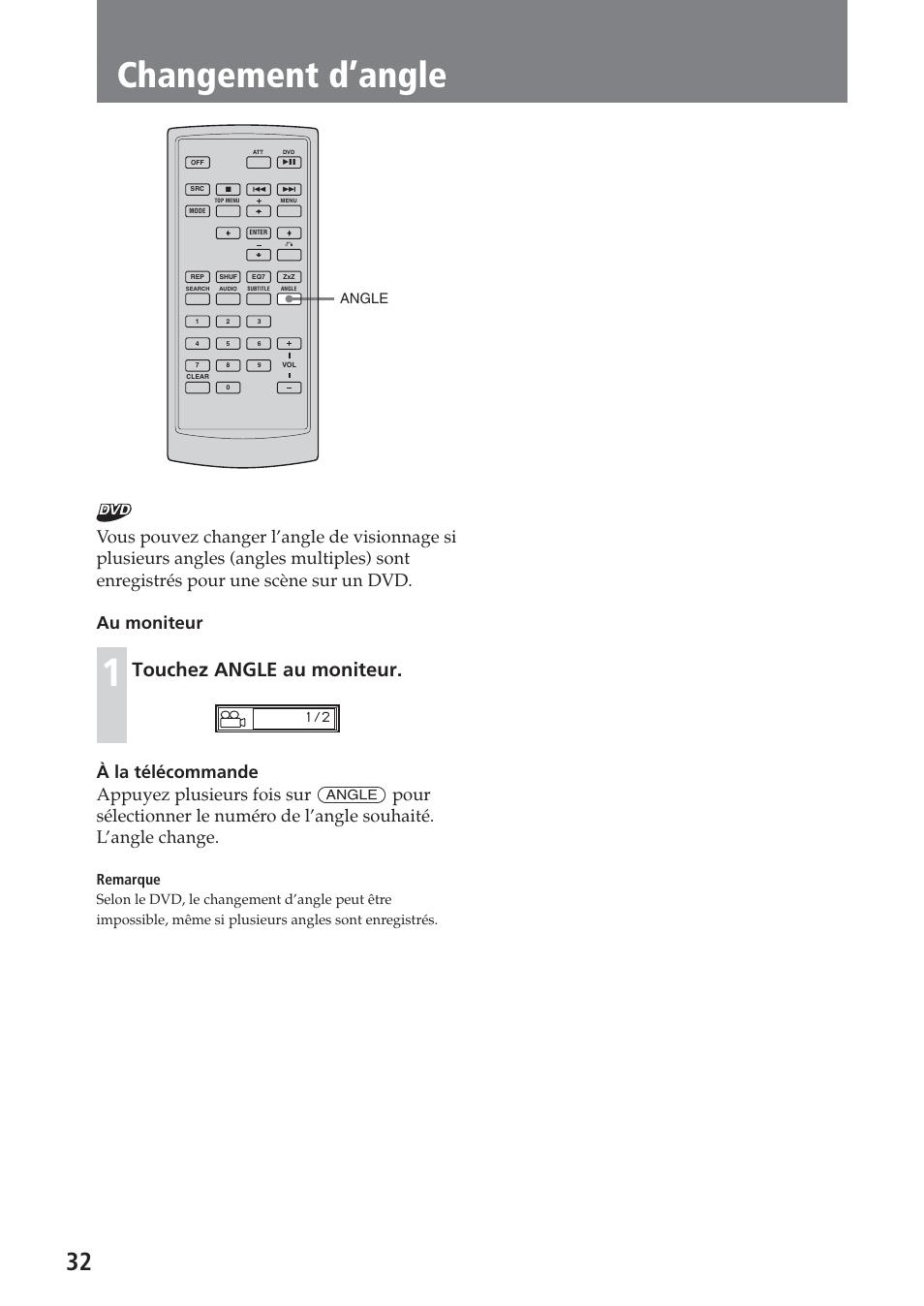 Changement d’angle, Touchez angle au moniteur, Remarque | Angle | Sony XAV-C1 User Manual | Page 92 / 183