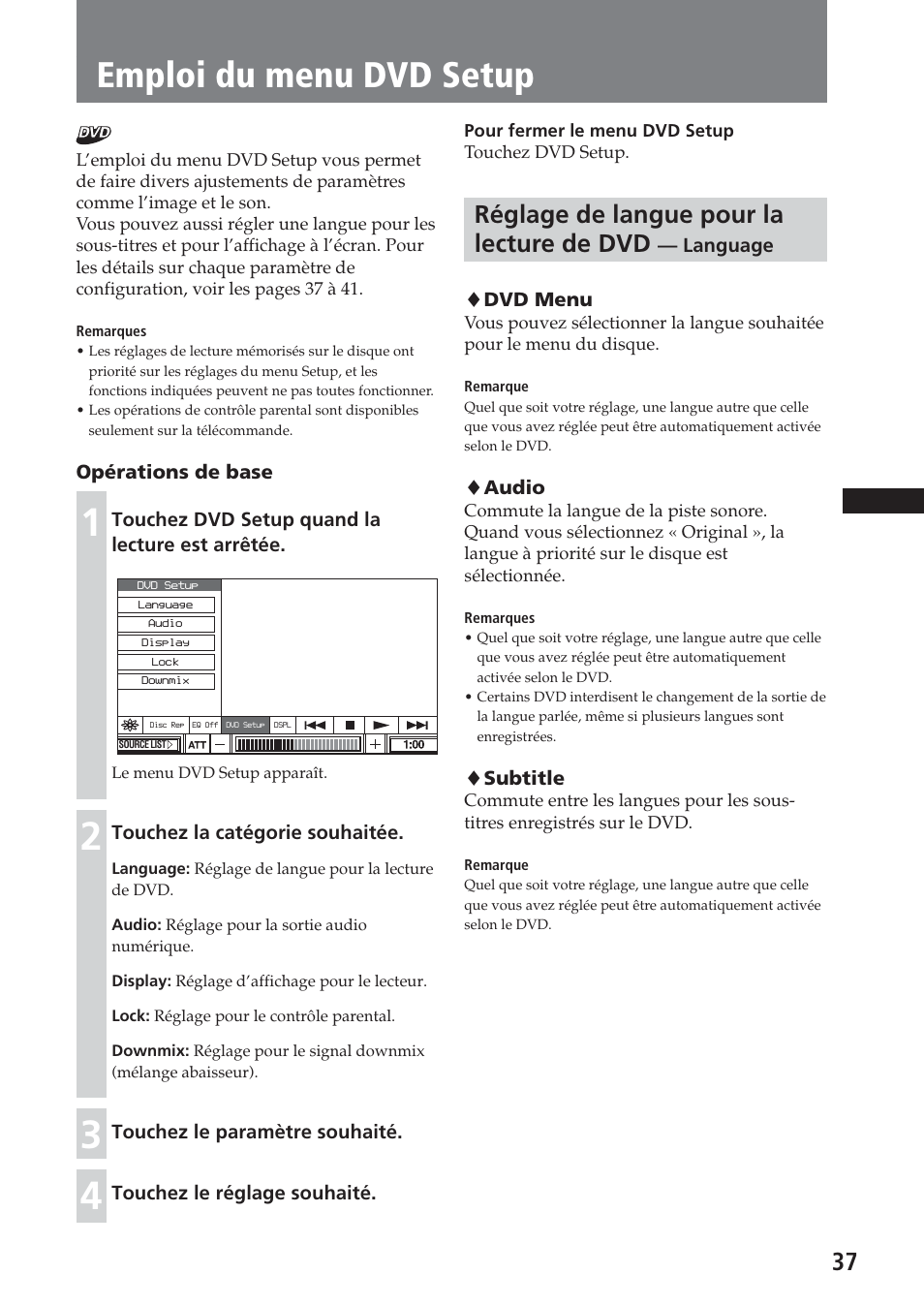 Emploi du menu dvd setup, Réglage de langue pour la lecture de dvd | Sony XAV-C1 User Manual | Page 97 / 183