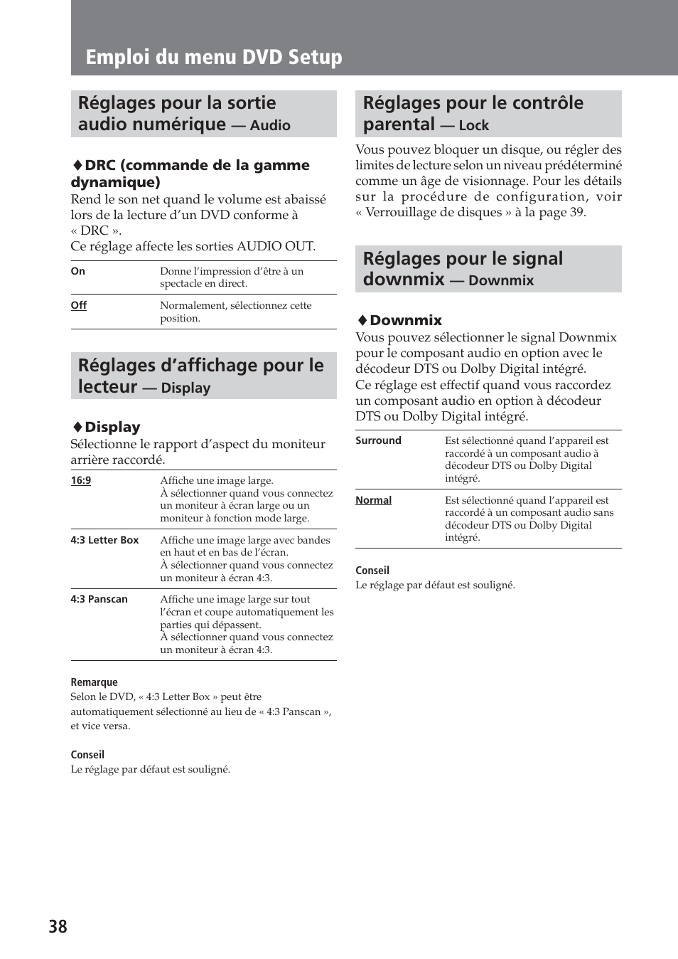 Réglages pour la sortie audio numérique — audio, Réglages d’affichage pour le lecteur — display, Réglages pour le contrôle parental — lock | Réglages pour le signal downmix — downmix, Emploi du menu dvd setup, Réglages pour la sortie audio numérique, Réglages d’affichage pour le lecteur, Réglages pour le contrôle parental, Réglages pour le signal downmix | Sony XAV-C1 User Manual | Page 98 / 183