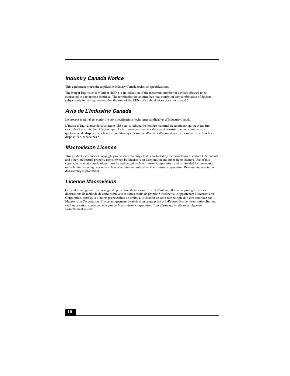 Industry canada notice, Avis de l’industrie canada, Macrovision license | Licence macrovision | Sony PCV-RZ30GN4 User Manual | Page 10 / 60